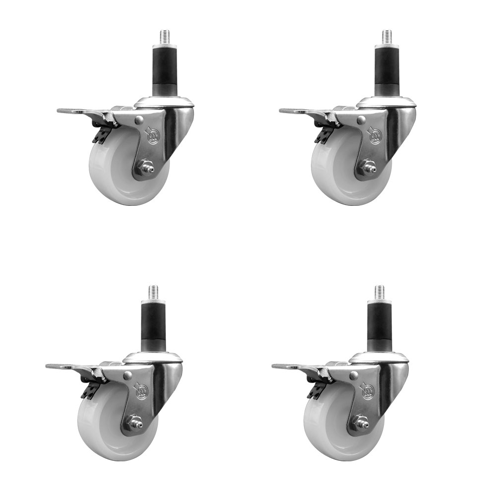 Stainless Steel Nylon Swivel Expanding Stem Caster Set of 4 with 3 Inch White Wheels and 1-1/4" Stems  - Includes 4 Swivel with Total Lock Brakes - 1200 lbs. Total Capacity - Service Caster Brand — photo 1