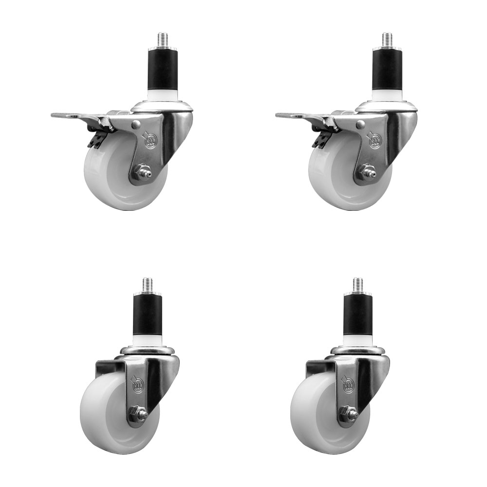 Nylon Swivel Expanding Stem Caster Set of 4 with 3 Inch White Wheel and 1-1/2" Stems  - Includes 2 Swivel with Total Locking Brakes and 2 Swivel - 1200 lbs. Total Capacity - Service Caster Brand — photo 1