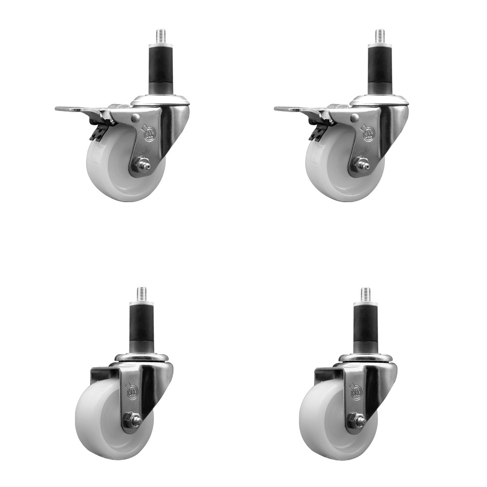 Nylon Swivel Expanding Stem Caster Set of 4 with 3 Inch White Wheel and 1-1/4" Stems - Includes 2 Swivel with Total Locking Brakes and 2 Swivel - 1200 lbs. Total Capacity - Service Caster Brand — photo 1