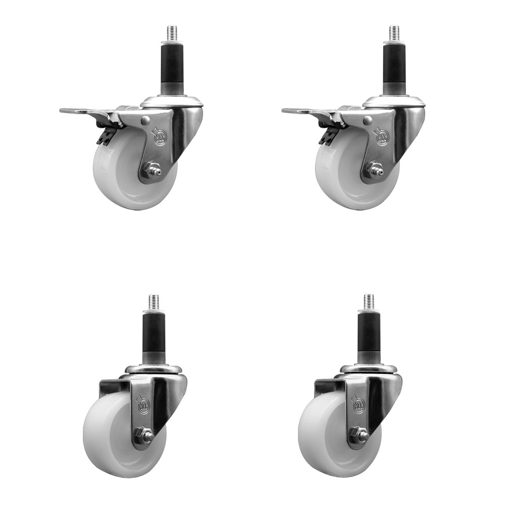 Nylon Swivel Expanding Stem Caster Set of 4 with 3 Inch White Wheel and 1-1/8" Stems  - Includes 2 Swivel with Total Locking Brakes and 2 Swivel - 1200 lbs. Total Capacity - Service Caster Brand — photo 1