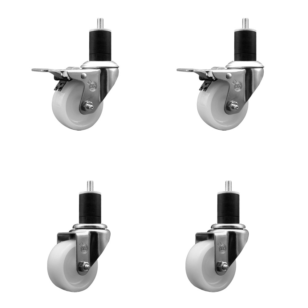 Nylon Swivel Expanding Stem Caster Set of 4 with 3 Inch White Wheel and 1-3/4" Stems  - Includes 2 Swivel with Total Locking Brakes and 2 Swivel - 1200 lbs. Total Capacity - Service Caster Brand — photo 1