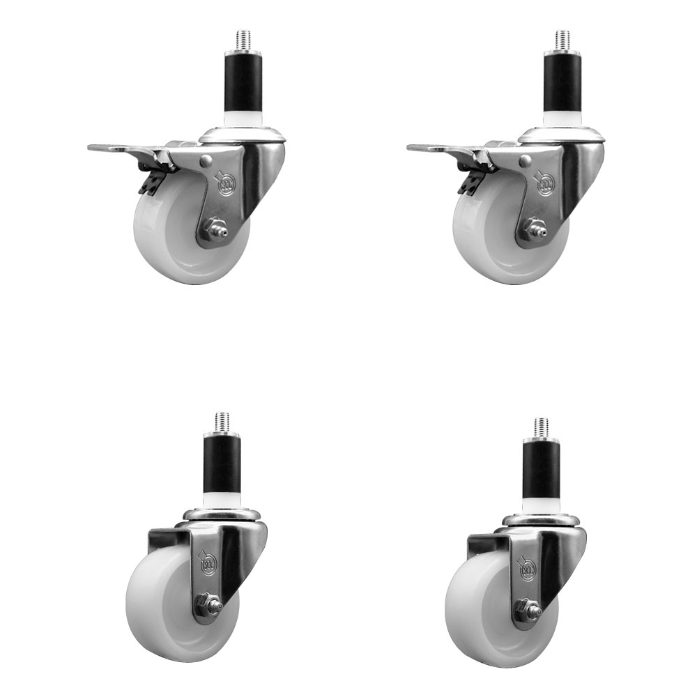 Stainless Steel Nylon Swivel Expanding Stem Caster Set of 4 with 3 Inch White Wheels and 1-3/8" Stems - Includes 2 Swivel with Total Locking Brakes - 1200 lbs. Total Capacity - Service Caster Brand — photo 1