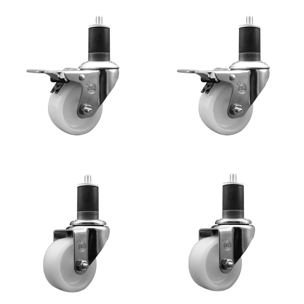 Stainless Steel Nylon Swivel Expanding Stem Caster Set of 4 with 3 Inch White Wheels and 1-5/8" Stems - Includes 2 Swivel with Total Locking Brakes - 1200 lbs. Total Capacity - Service Caster Brand — photo 1