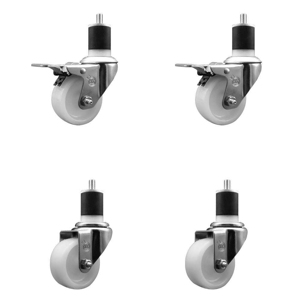Nylon Swivel Expanding Stem Caster Set of 4 with 3 Inch White Wheel and 1-7/8" Stems - Includes 2 Swivel with Total Locking Brakes and 2 Swivel - 1200 lbs. Total Capacity - Service Caster Brand — photo 1