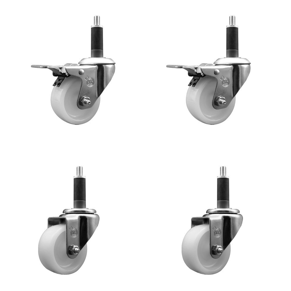 Nylon Swivel Expanding Stem Caster Set of 4 with 3 Inch White Wheel and 1" Stems  - Includes 2 Swivel with Total Locking Brakes and 2 Swivel - 1200 lbs. Total Capacity - Service Caster Brand — photo 1