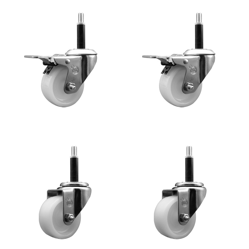 Nylon Swivel Expanding Stem Caster Set of 4 with 3 Inch White Wheel and 3/4" Stems  - Includes 2 Swivel with Total Locking Brakes and 2 Swivel - 1200 lbs. Total Capacity - Service Caster Brand — photo 1