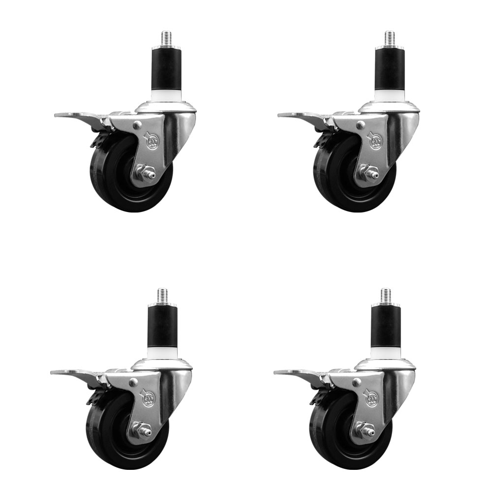 Phenolic Swivel Expanding Stem Caster Set of 4 with Roller Bearings - 3" x 1.25" Black Wheels and 1-1/2" Stems - Includes 4 with Total Lock Brakes - 1200 lbs Total Capacity - Service Caster Brand — photo 1