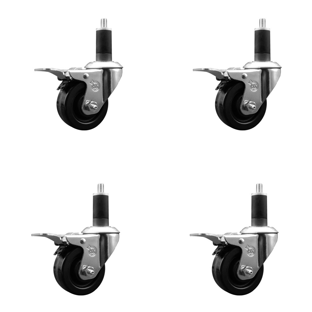 Phenolic Swivel Expanding Stem Caster Set of 4 with Roller Bearings - 3" x 1.25" Black Wheels and 1-1/4" Stems - Includes 4 with Total Lock Brakes - 1200 lbs Total Capacity - Service Caster Brand — photo 1