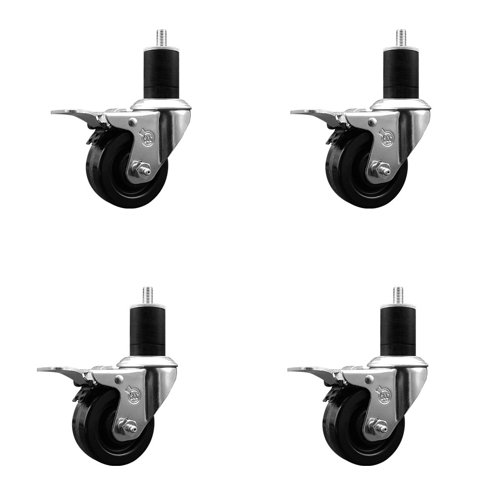 Phenolic Swivel Expanding Stem Caster Set of 4 with Roller Bearings - 3" x 1.25" Black Wheels and 1-3/4" Stems - Includes 4 with Total Lock Brakes - 1200 lbs Total Capacity - Service Caster Brand — photo 1