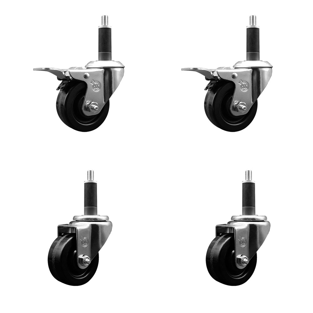 Phenolic Swivel Expanding Stem Caster Set of 4 w/Roller Bearings - 3" x 1.25" Black Wheels and 1" Stems - Includes 2 with Total Locking Brakes - 1200 lbs Total Capacity - Service Caster Brand — photo 1