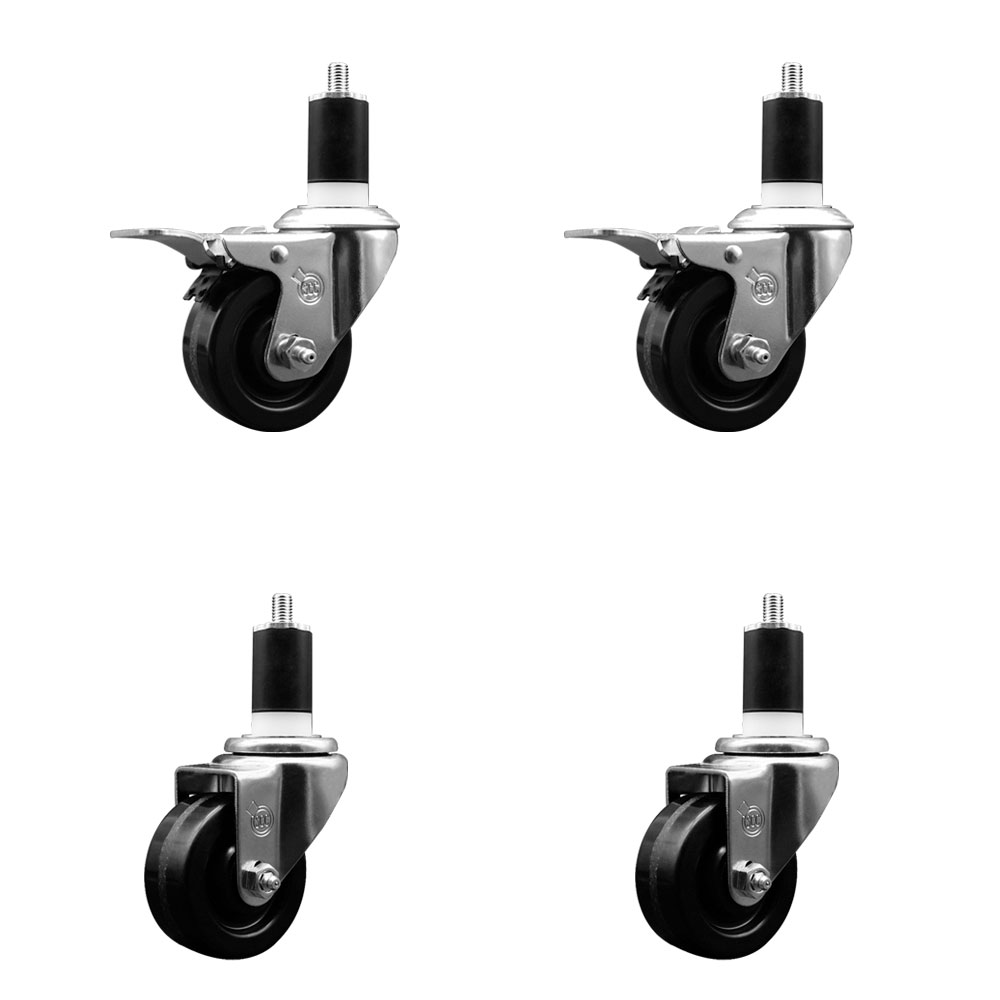 Phenolic Swivel Expanding Stem Caster Set of 4 w/Roller Bearings - 3" x 1.25" Black Wheels and 1-1/2" Stems - Includes 2 with Total Locking Brakes - 1200 lbs Total Capacity - Service Caster Brand — photo 1