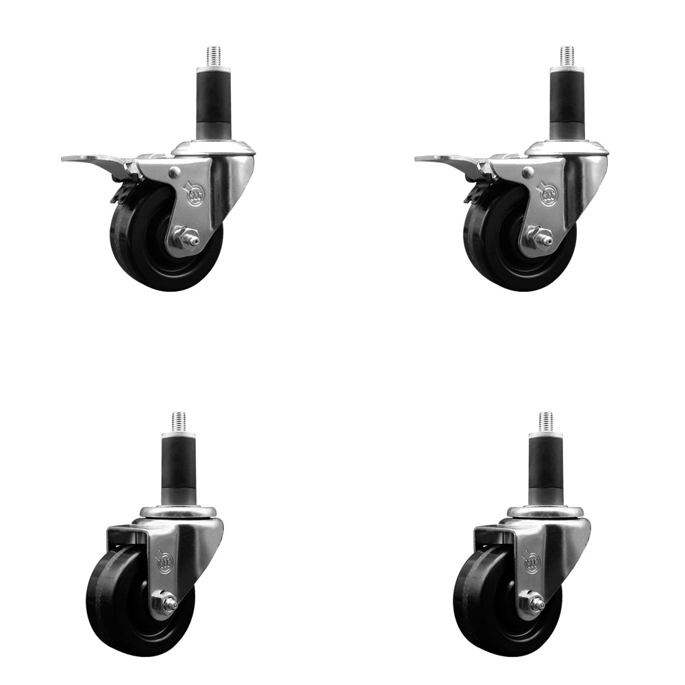 Phenolic Swivel Expanding Stem Caster Set of 4 w/Roller Bearings - 3" x 1.25" Black Wheels and 1-1/4" Stems - Includes 2 with Total Locking Brakes - 1200 lbs Total Capacity - Service Caster Brand — photo 1
