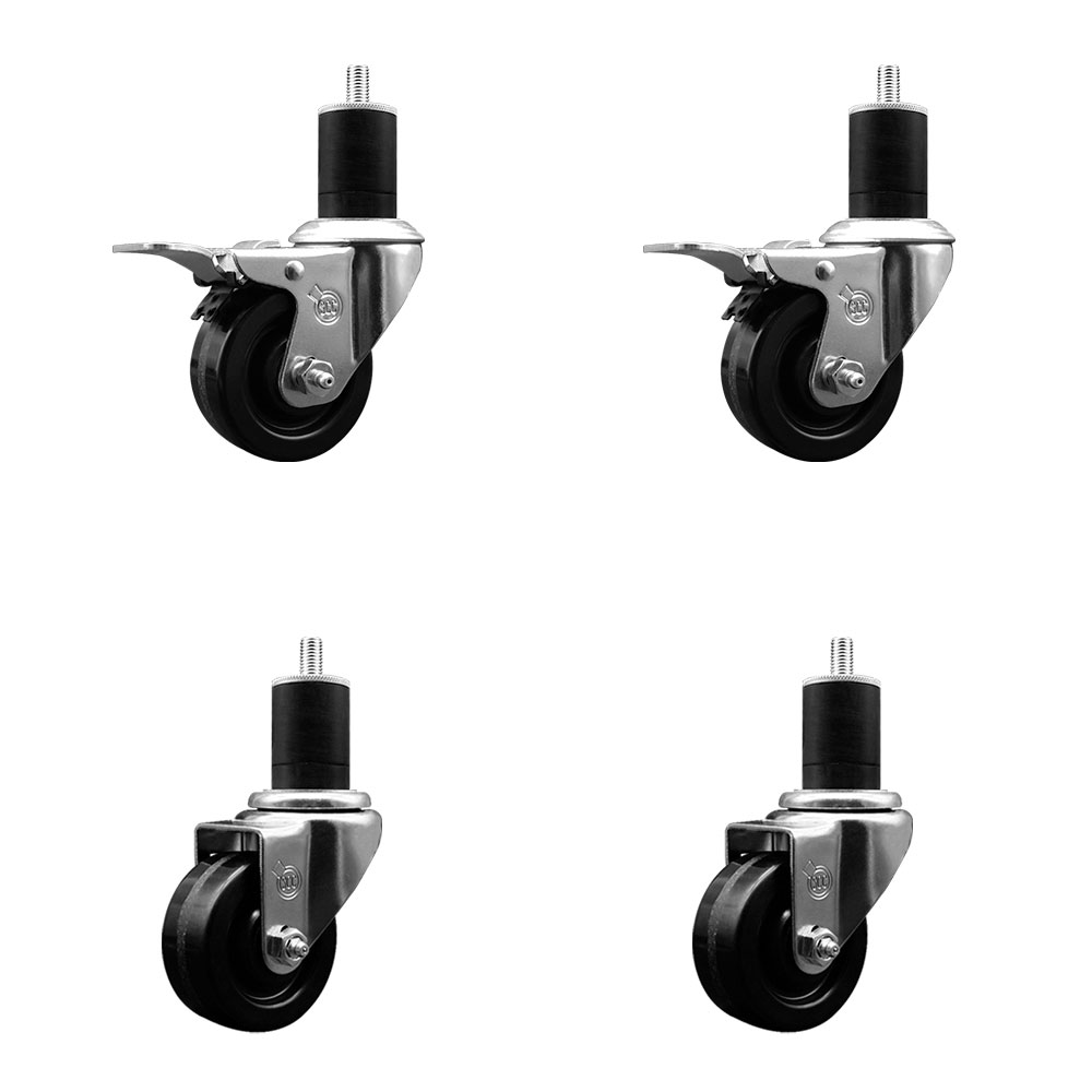 Phenolic Swivel Expanding Stem Caster Set of 4 with 3 Inch Black Wheels and 1-3/4" Stems - Includes 2 with Total Locking Brakes - 1200 lbs Total Capacity - Service Caster Brand — photo 1
