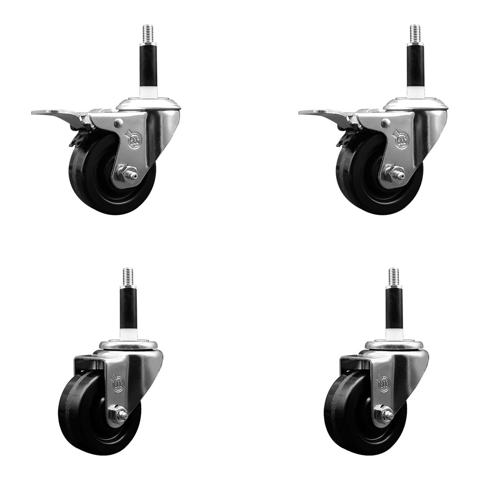 Phenolic Swivel Expanding Stem Caster Set of 4 w/Roller Bearings - 3" x 1.25" Black Wheels and 7/8" Stems - Includes 2 with Total Locking Brakes - 1200 lbs Total Capacity - Service Caster Brand — photo 1