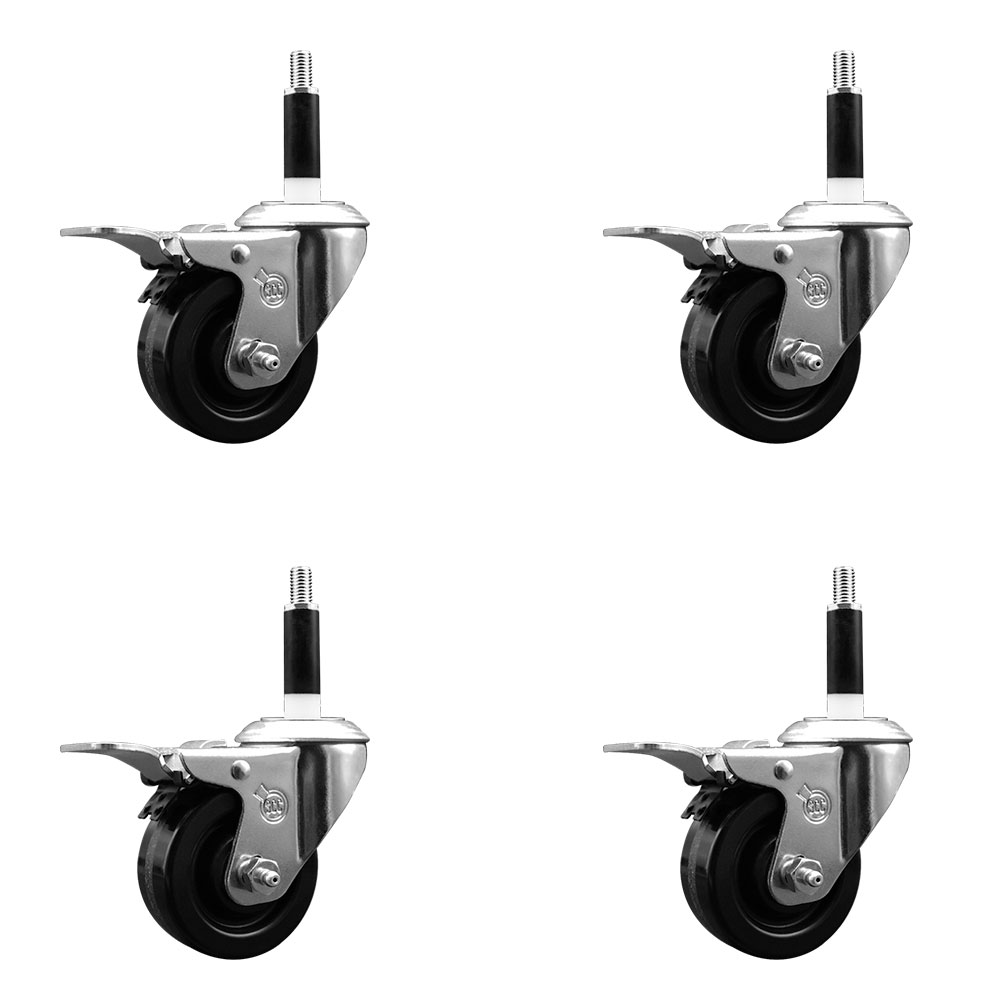 Phenolic Swivel Expanding Stem Caster Set of 4 with Roller Bearings - 3" x 1.25" Black Wheels and 7/8" Stems - Includes 4 with Total Lock Brakes - 1200 lbs Total Capacity - Service Caster Brand — photo 1