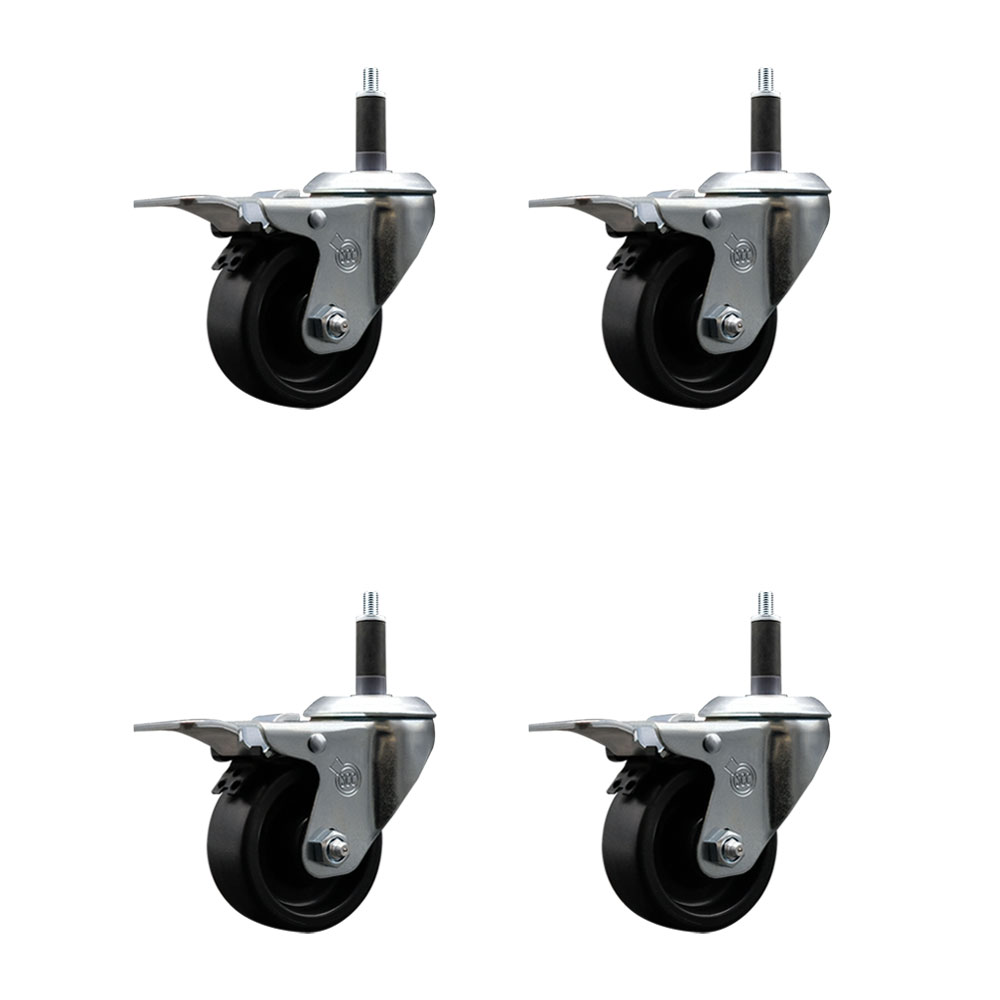 Polyolefin Swivel Expanding Stem Caster Wheels Set of 4 with 3 Inch Black Wheels and 1" Stems - Includes 4 Swivel with Total Lock Brakes - 1200 lbs. Total Capacity - Service Caster Brand — photo 1