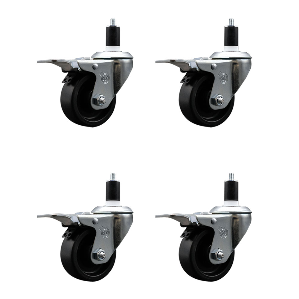 Polyolefin Swivel Expanding Stem Caster Wheels Set of 4 with 3 Inch Black Wheels and 1-1/2" Stems - Includes 4 Swivel with Total Lock Brakes - 1200 lbs. Total Capacity - Service Caster Brand — photo 1