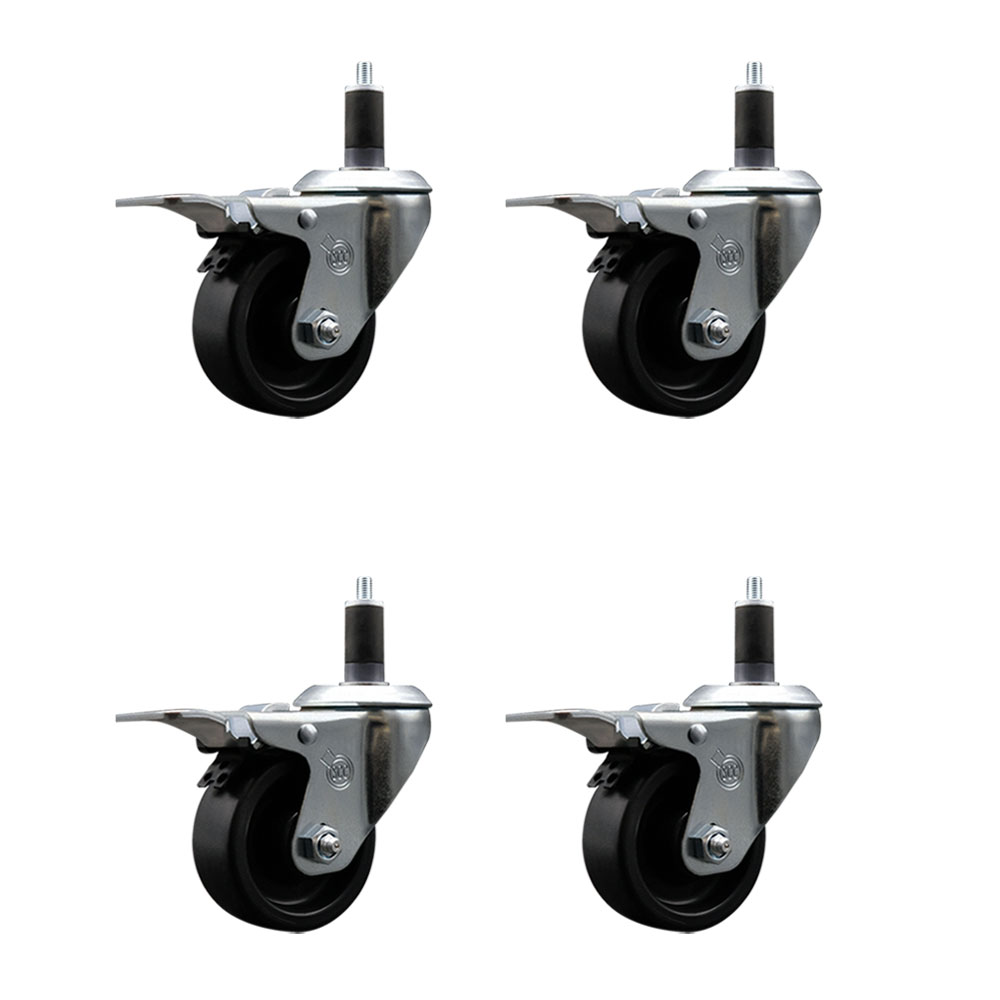 Polyolefin Swivel Expanding Stem Caster Wheels Set of 4 with 3 Inch Black Wheels and 1-1/4" Stems - Includes 4 Swivel with Total Lock Brakes - 1200 lbs. Total Capacity - Service Caster Brand — photo 1