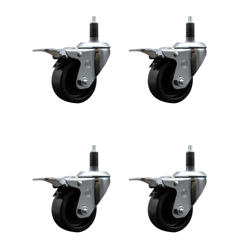 Polyolefin Swivel Expanding Stem Caster Wheels Set of 4 with 3 Inch Black Wheels and 1-1/8" Stems - Includes 4 Swivel with Total Lock Brakes - 1200 lbs. Total Capacity - Service Caster Brand — photo 1