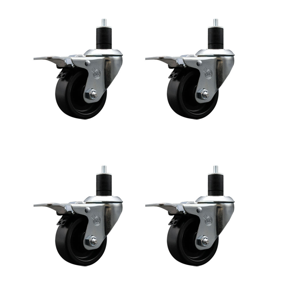 Polyolefin Swivel Expanding Stem Caster Wheels Set of 4 with 3 Inch Black Wheels and 1-3/4" Stems - Includes 4 Swivel with Total Lock Brakes - 1200 lbs. Total Capacity - Service Caster Brand — photo 1