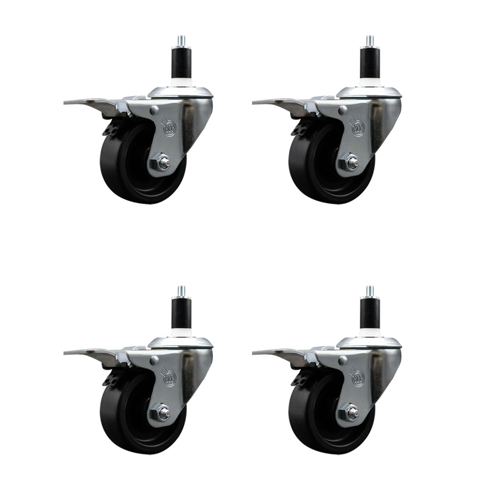 Polyolefin Swivel Expanding Stem Caster Wheels Set of 4 with 3 Inch Black Wheels and 1-3/8" Stems - Includes 4 Swivel with Total Lock Brakes - 1200 lbs. Total Capacity - Service Caster Brand — photo 1