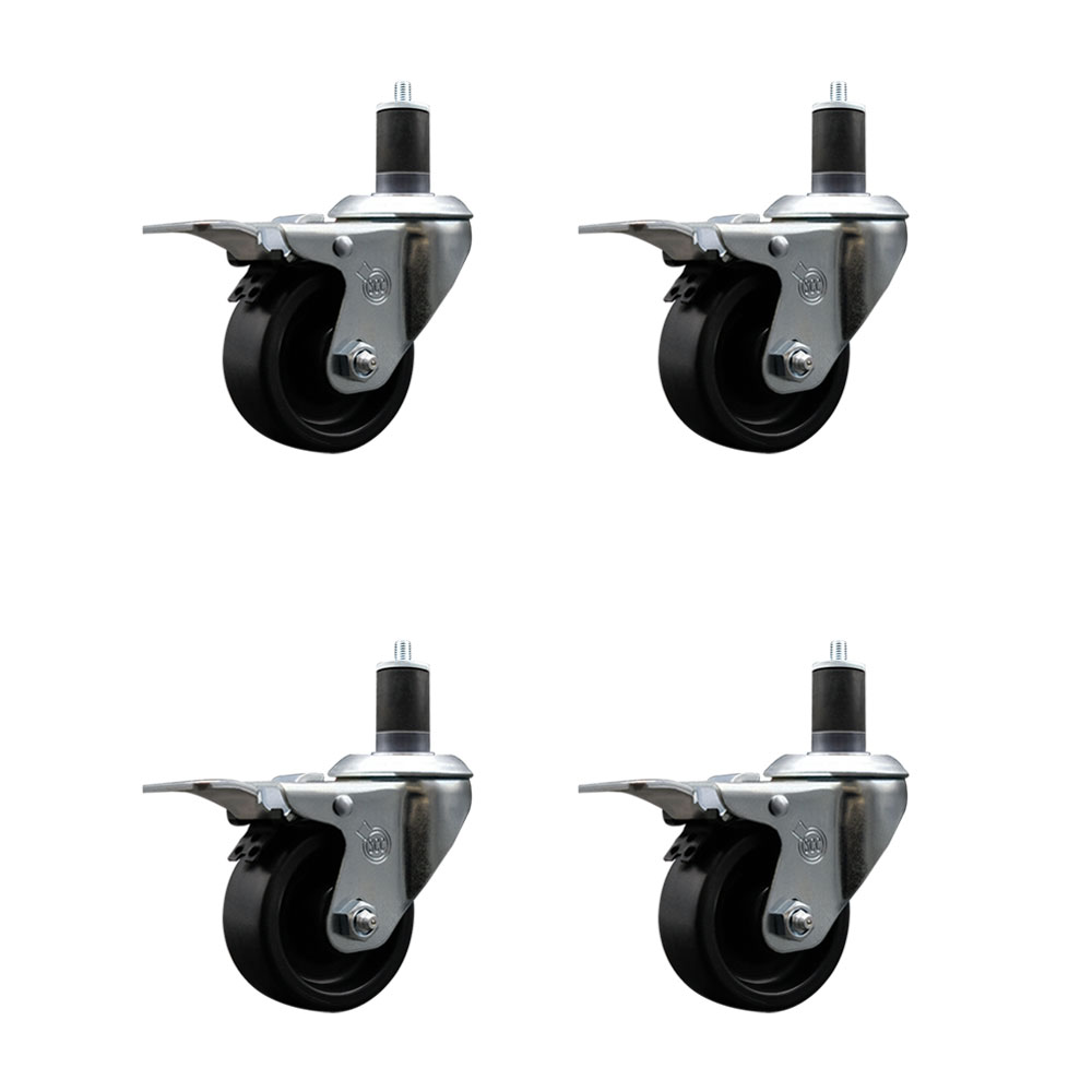 Polyolefin Swivel Expanding Stem Caster Wheels Set of 4 with 3 Inch Black Wheels and 1-5/8" Stems - Includes 4 Swivel with Total Lock Brakes - 1200 lbs. Total Capacity - Service Caster Brand — photo 1