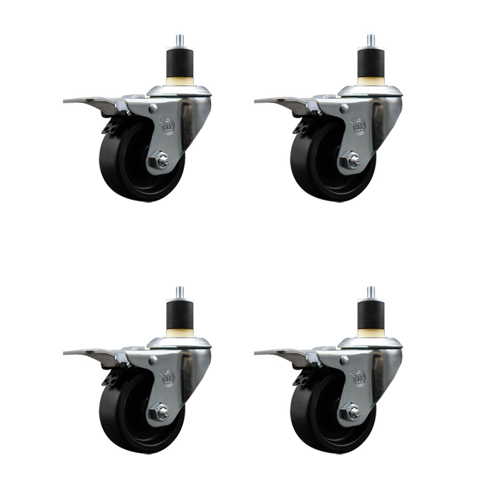 Polyolefin Swivel Expanding Stem Caster Wheels Set of 4 with 3 Inch Black Wheels and 1-7/8" Stems - Includes 4 Swivel with Total Lock Brakes - 1200 lbs. Total Capacity - Service Caster Brand — photo 1