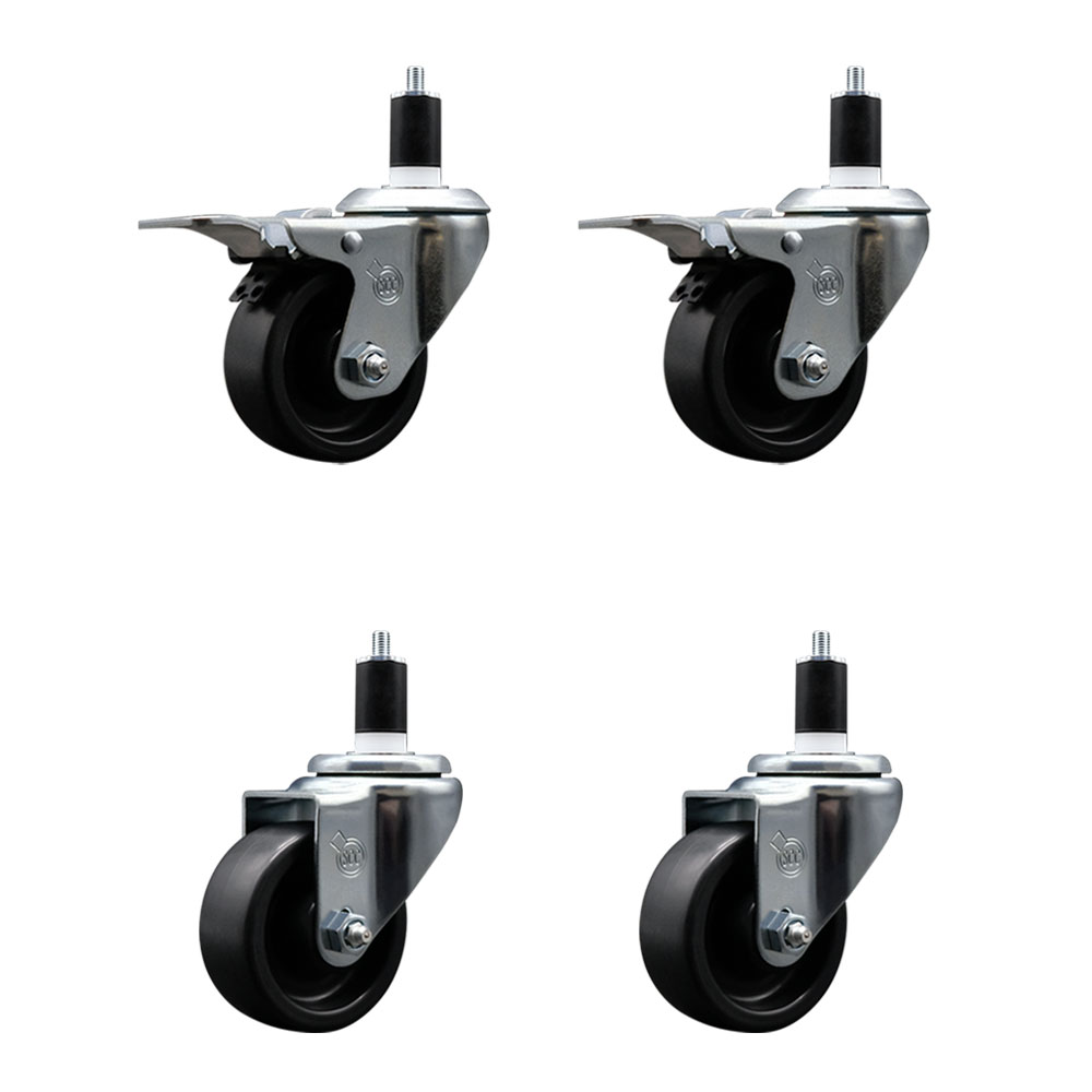 Polyolefin Swivel Expanding Stem Caster Wheels Set of 4 with 3 Inch Black Wheels and 1-1/2" Stems- Includes 2 Swivel with Total Lock Brakes and 2 Swivel-1200 lbs. Total Capacity - Service Caster Brand — photo 1