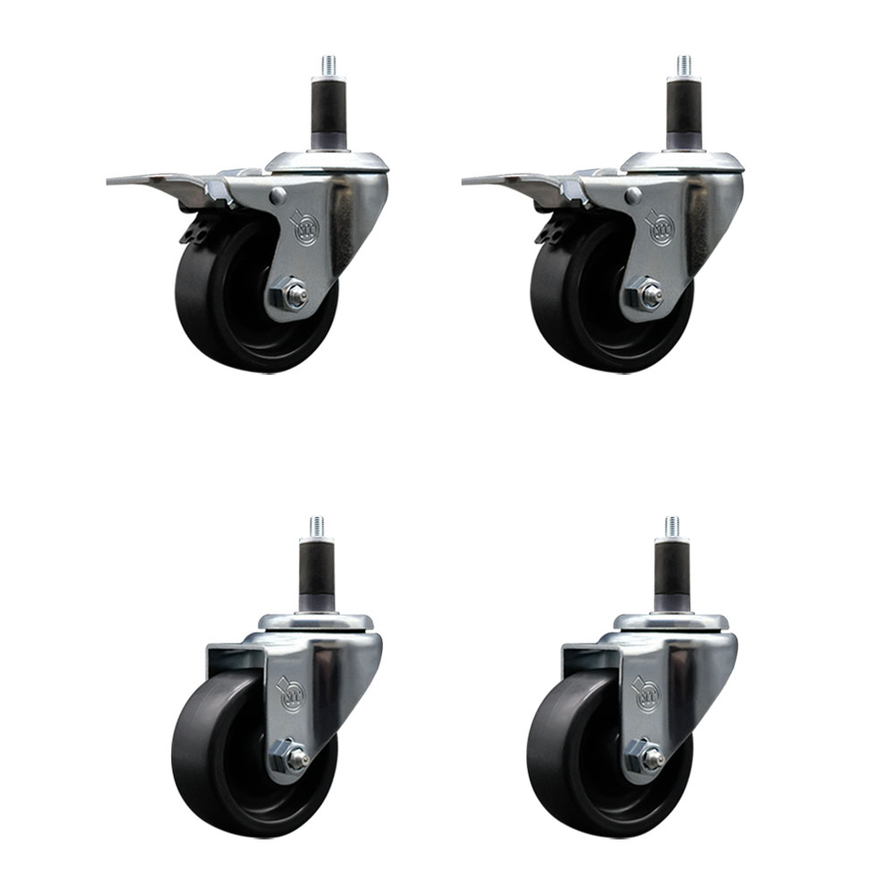 Polyolefin Swivel Expanding Stem Caster Wheels Set of 4 with 3 Inch Black Wheels and 1-1/4" Stems- Includes 2 Swivel with Total Lock Brakes and 2 Swivel-1200 lbs. Total Capacity - Service Caster Brand — photo 1