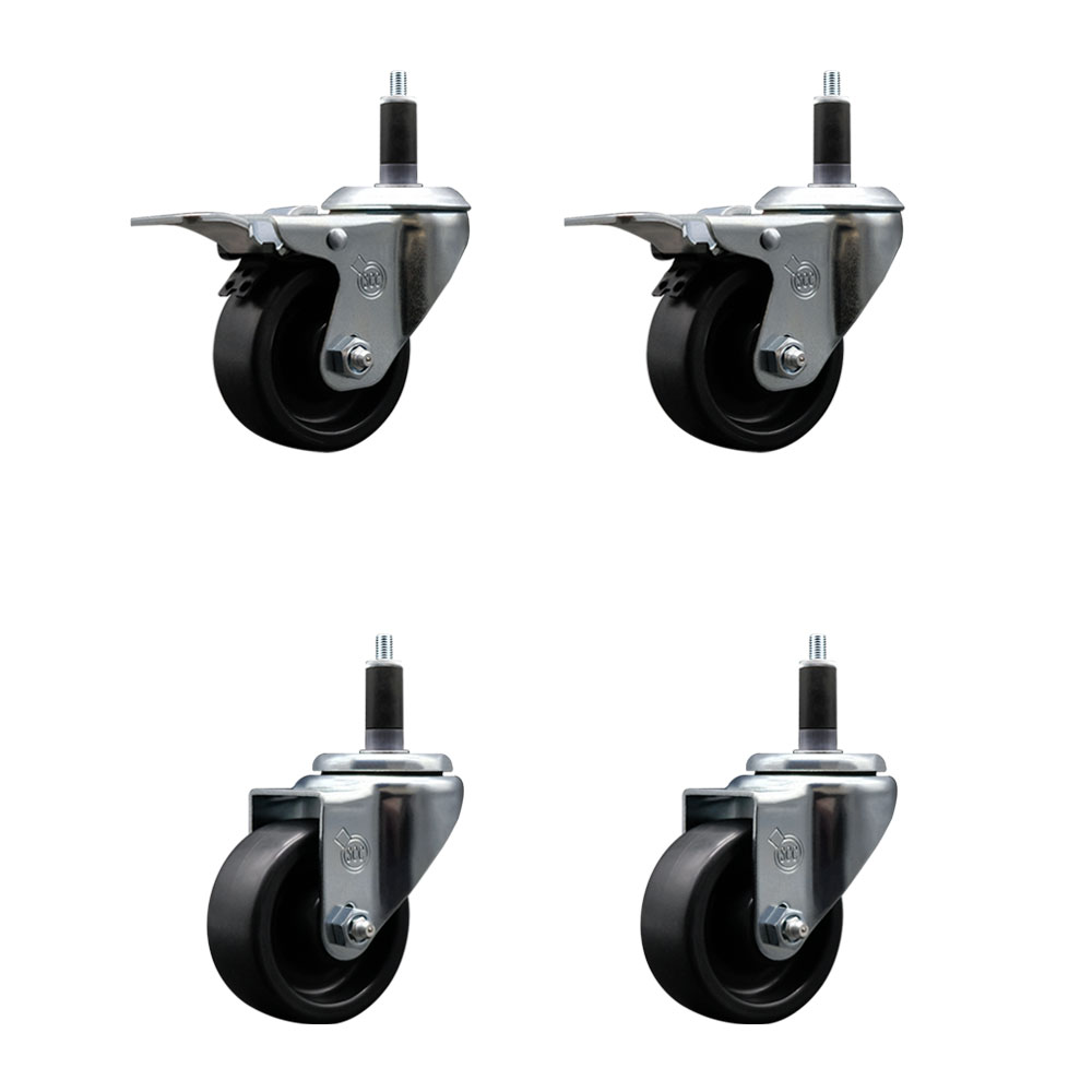 Polyolefin Swivel Expanding Stem Caster Wheels Set of 4 with 3 Inch Black Wheels and 1-1/8" Stems- Includes 2 Swivel with Total Lock Brakes and 2 Swivel-1200 lbs. Total Capacity - Service Caster Brand — photo 1