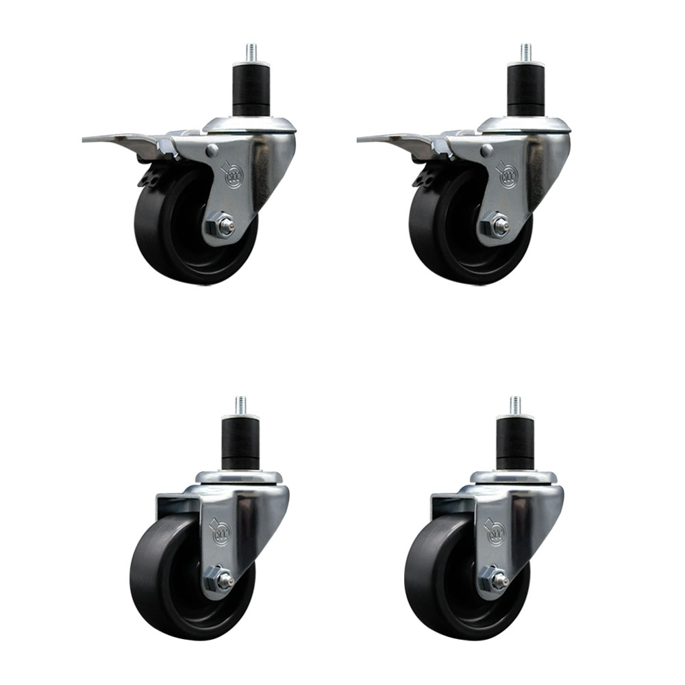 Polyolefin Swivel Expanding Stem Caster Wheels Set of 4 with 3 Inch Black Wheels and 1-3/4" Stems- Includes 2 Swivel with Total Lock Brakes and 2 Swivel-1200 lbs. Total Capacity - Service Caster Brand — photo 1