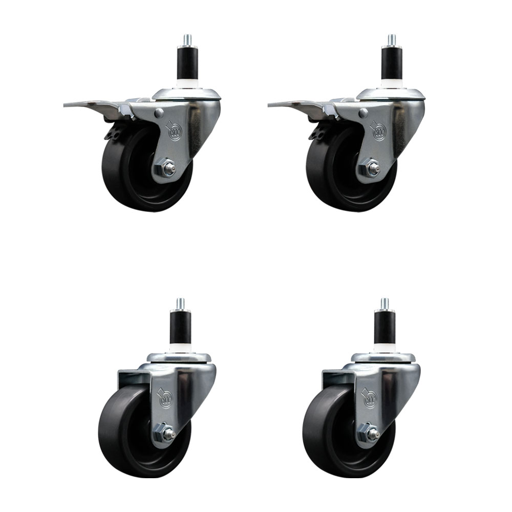 Polyolefin Swivel Expanding Stem Caster Wheels Set of 4 with 3 Inch Black Wheels and 1-3/8" Stems- Includes 2 Swivel with Total Lock Brakes and 2 Swivel-1200 lbs. Total Capacity - Service Caster Brand — photo 1