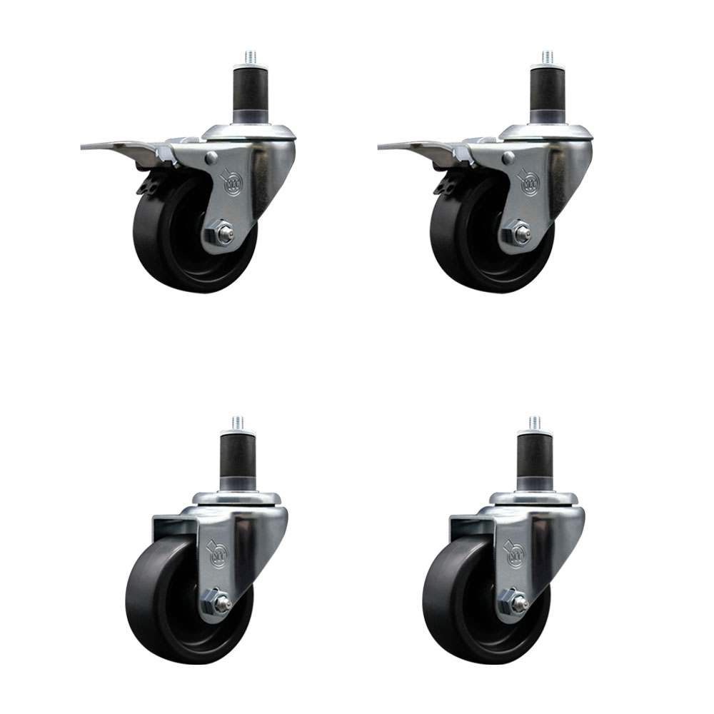 Polyolefin Swivel Expanding Stem Caster Wheels Set of 4 with 3 Inch Black Wheels and 1-5/8" Stems- Includes 2 Swivel with Total Lock Brakes and 2 Swivel-1200 lbs. Total Capacity - Service Caster Brand — photo 1