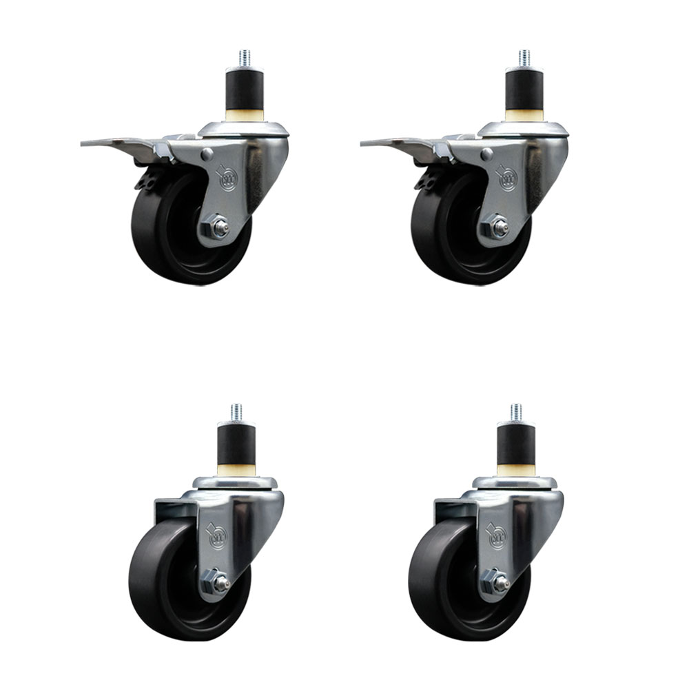 Polyolefin Swivel Expanding Stem Caster Wheels Set of 4 with 3 Inch Black Wheels and 1-7/8" Stems- Includes 2 Swivel with Total Lock Brakes and 2 Swivel-1200 lbs. Total Capacity - Service Caster Brand — photo 1