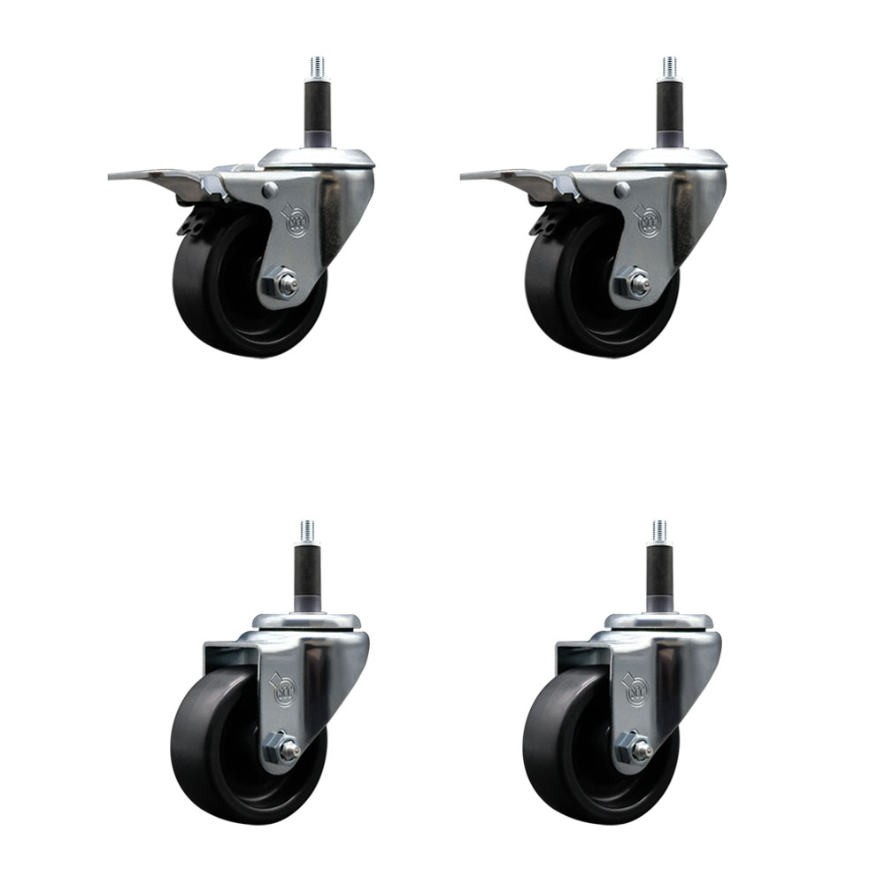 Polyolefin Swivel Expanding Stem Caster Wheels Set of 4 with 3 Inch Black Wheels and 1" Stems- Includes 2 Swivel with Total Lock Brakes and 2 Swivel-1200 lbs. Total Capacity - Service Caster Brand — photo 1