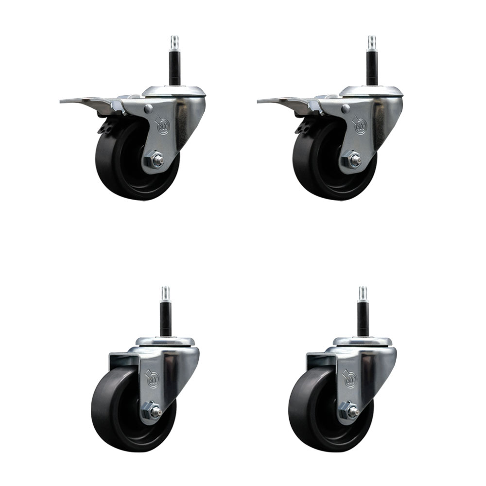 Polyolefin Swivel Expanding Stem Caster Wheels Set of 4 with 3 Inch Black Wheels and 3/4" Stems- Includes 2 Swivel with Total Lock Brakes and 2 Swivel-1200 lbs. Total Capacity - Service Caster Brand — photo 1