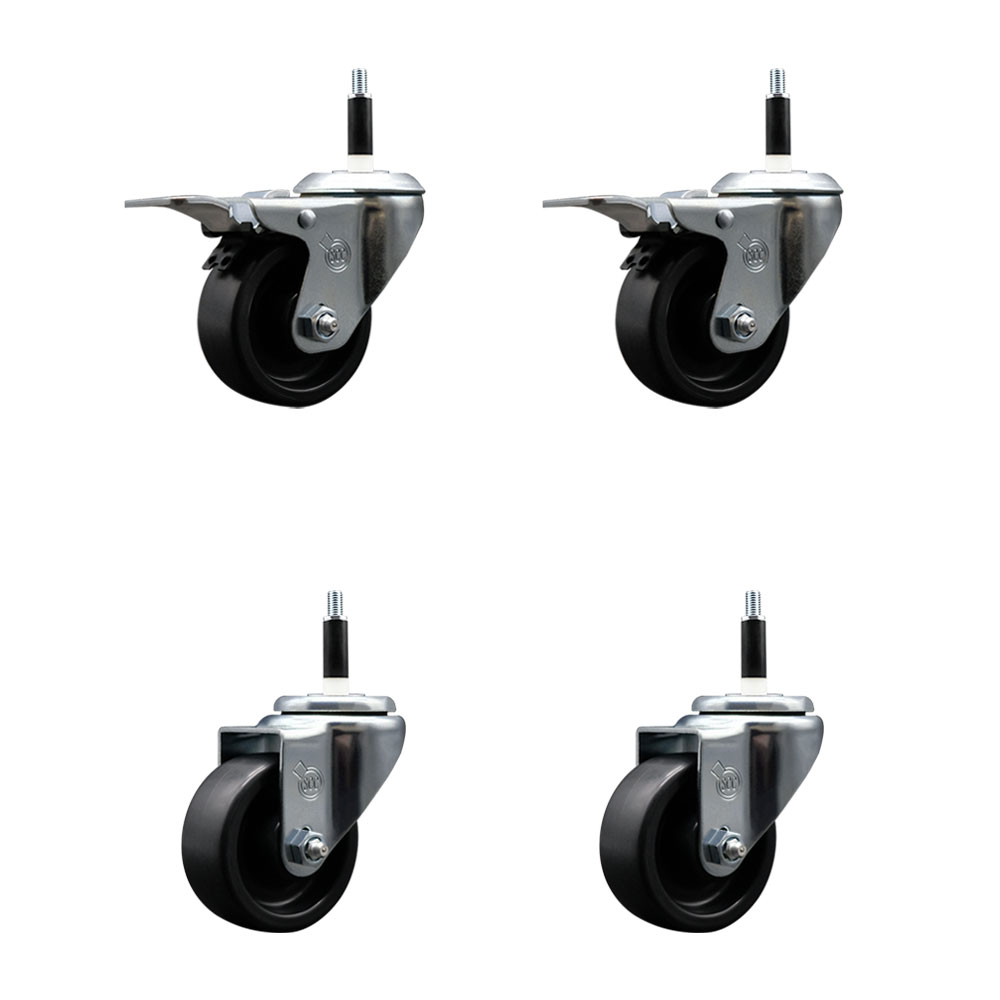 Polyolefin Swivel Expanding Stem Caster Wheels Set of 4 with 3 Inch Black Wheels and 7/8" Stems- Includes 2 Swivel with Total Lock Brakes and 2 Swivel-1200 lbs. Total Capacity - Service Caster Brand — photo 1