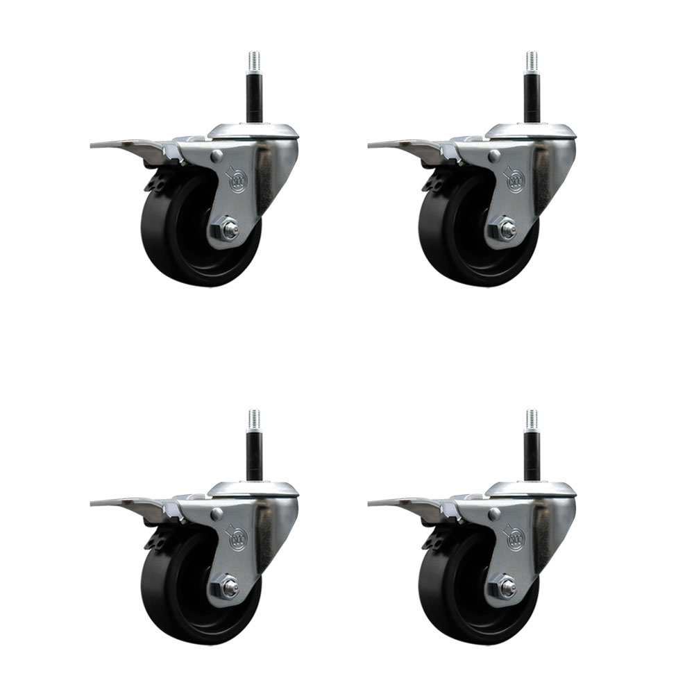 Polyolefin Swivel Expanding Stem Caster Wheels Set of 4 with 3 Inch Black Wheels and 3/4" Stems - Includes 4 Swivel with Total Lock Brakes - 1200 lbs. Total Capacity - Service Caster Brand — photo 1