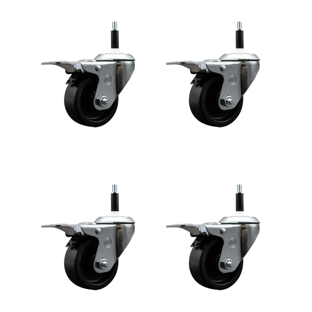 Polyolefin Swivel Expanding Stem Caster Wheels Set of 4 with 3 Inch Black Wheels and 7/8" Stems - Includes 4 Swivel with Total Lock Brakes - 1200 lbs. Total Capacity - Service Caster Brand — photo 1