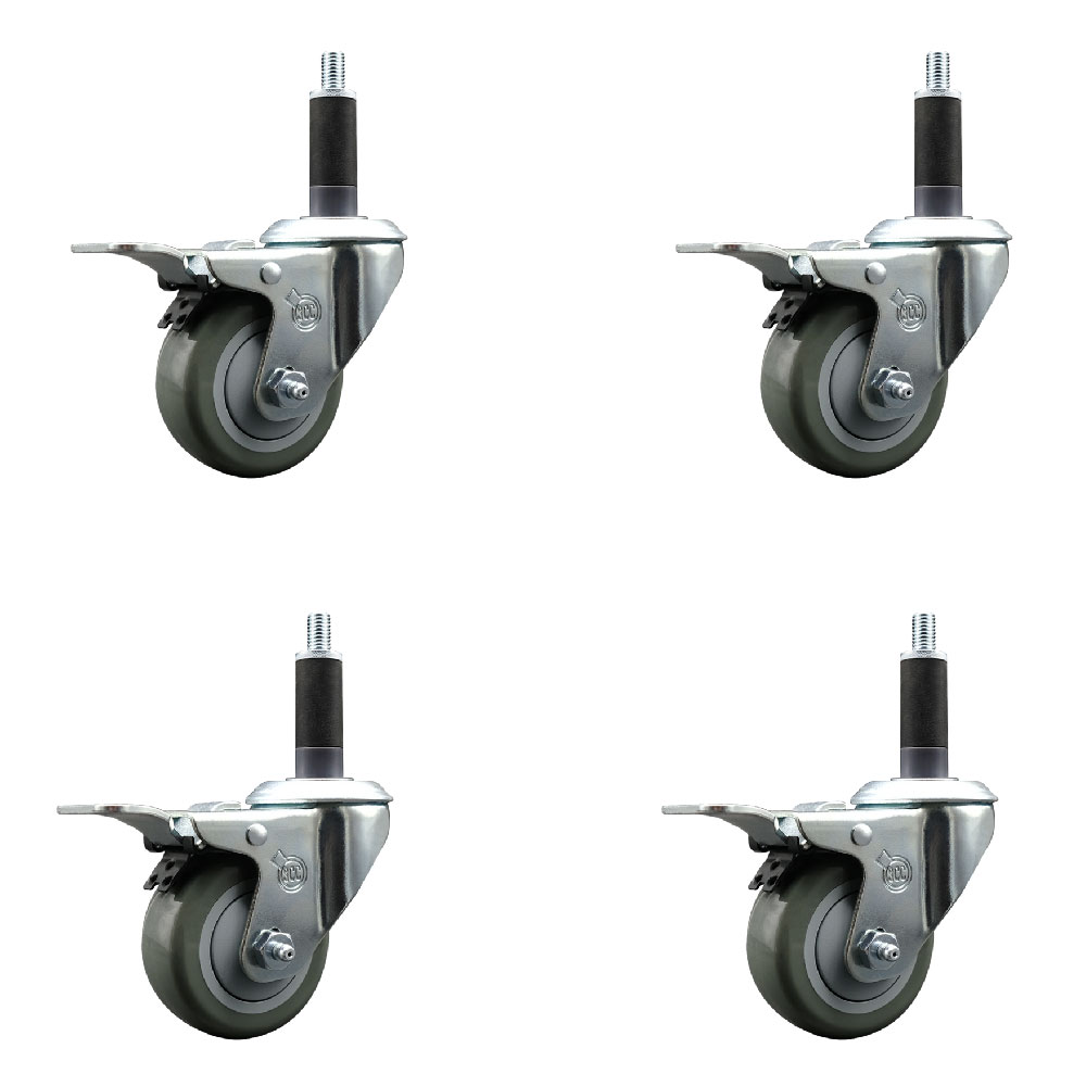 Polyurethane Swivel Expanding Stem Caster Set of 4 with 3 Inch Gray Wheels and 1" Stems - Includes 4 Swivel with Total Locking Brakes - 300 lbs. Capacity Per Caster - Service Caster Brand — photo 1