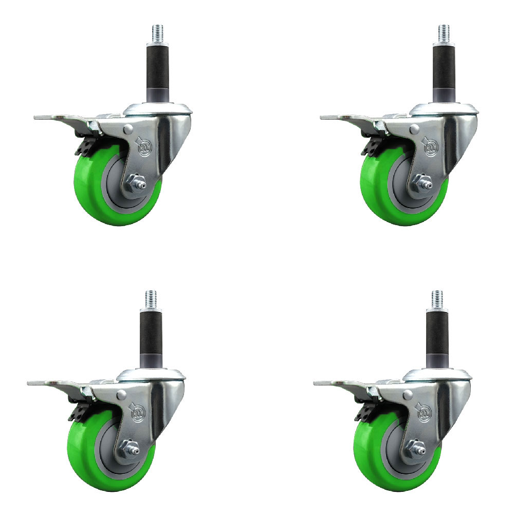 Stainless Steel Polyurethane Swivel Expanding Stem Caster Set of 4 with 3 Inch Green Wheels and 1" Stems - Includes 4 Swivel with Total Locking Brakes-300 lbs. Capacity Per Caster-Service Caster Brand — photo 1