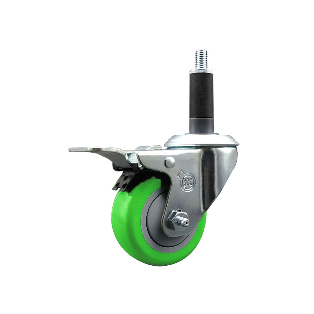Stainless Steel Polyurethane Expanding Stem Swivel Caster with 3 Inch Green Wheel and 1" Stem & Total Locking Brake - 300 lbs. Capacity Per Caster - Service Caster Brand — photo 1