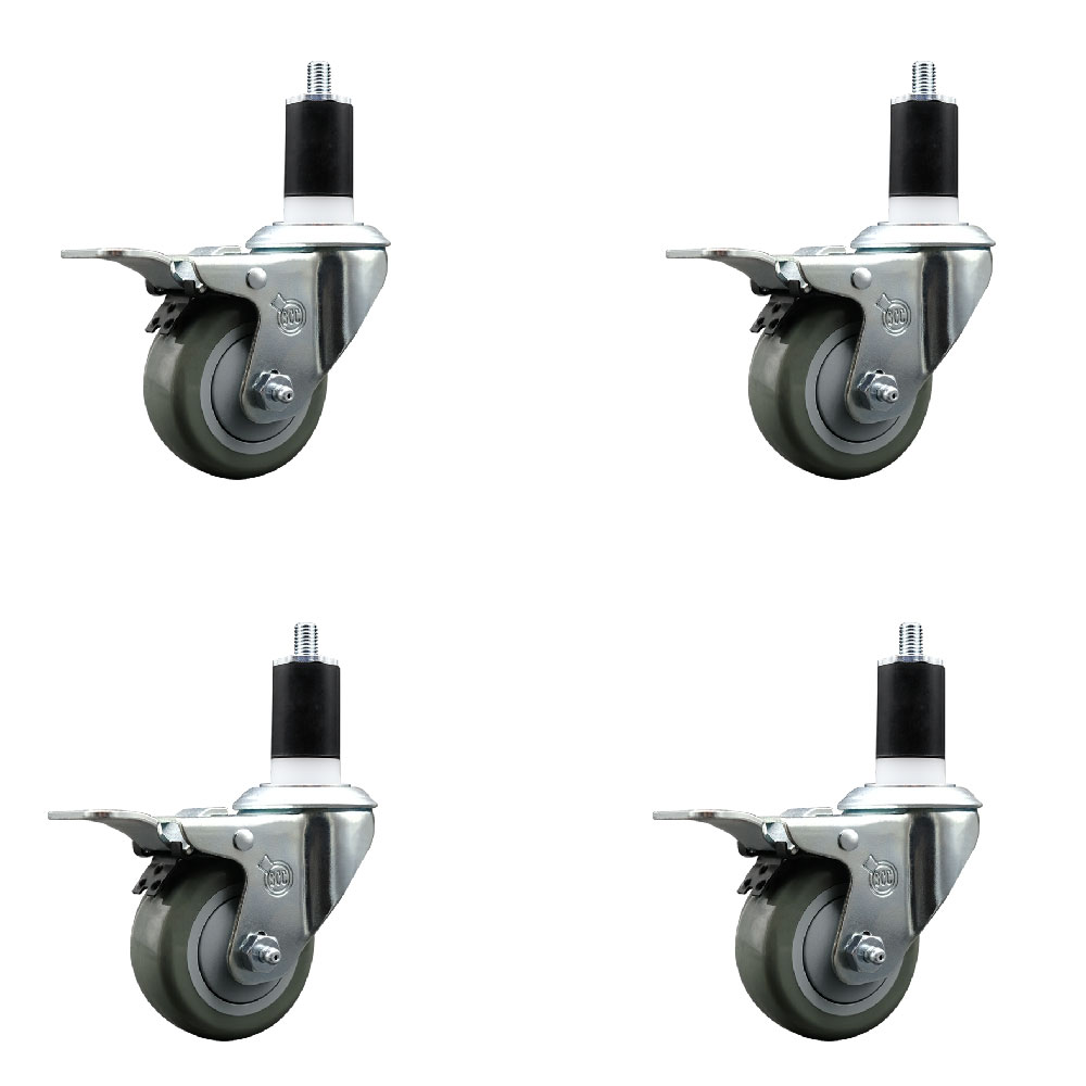 Polyurethane Swivel Expanding Stem Caster Set of 4 with 3 Inch Gray Wheels and 1-1/2" Stems - Includes 4 Swivel with Total Locking Brakes - 300 lbs. Capacity Per Caster - Service Caster Brand — photo 1