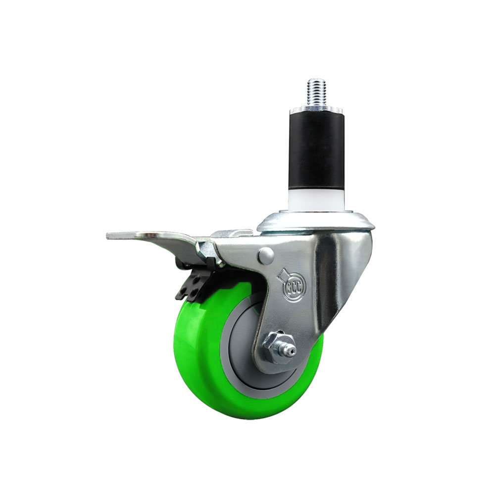 Stainless Steel Polyurethane Expanding Stem Swivel Caster with 3 Inch Green Wheel and 1-1/2" Stem & Total Locking Brake - 300 lbs. Capacity Per Caster - Service Caster Brand — photo 1
