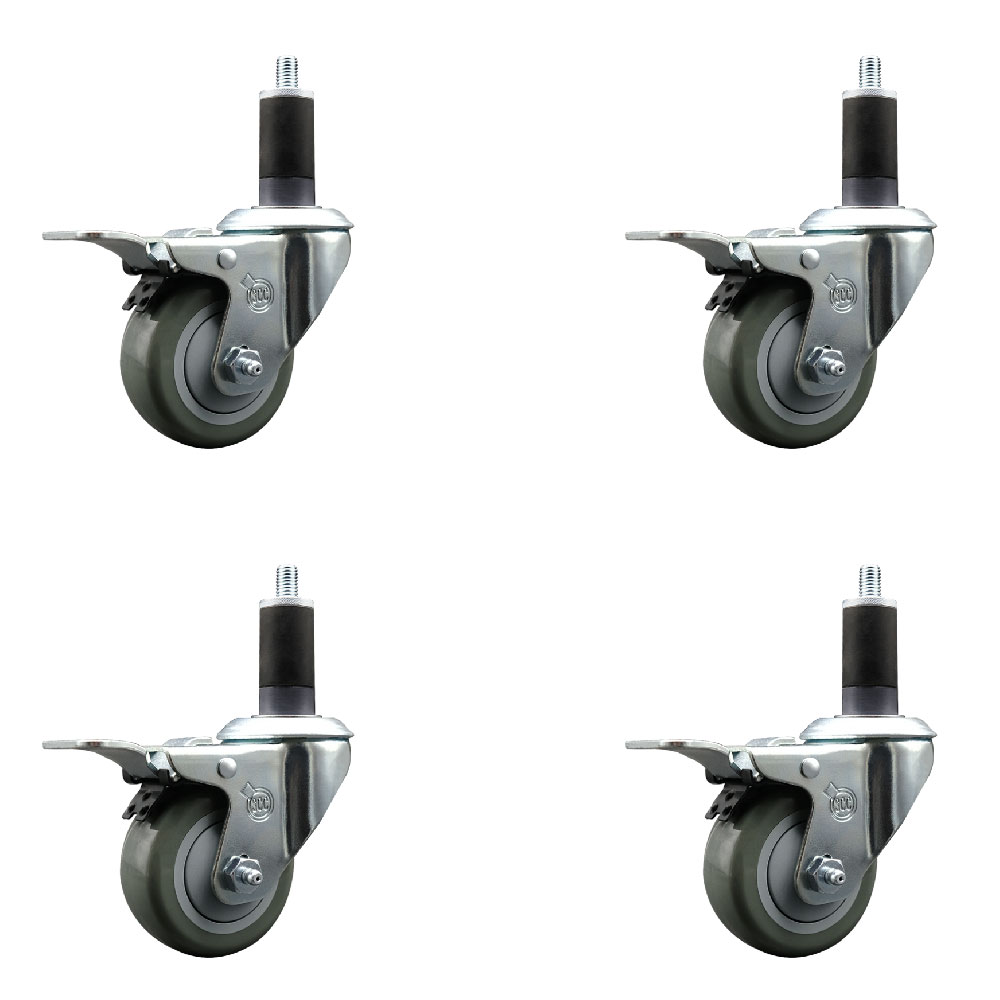 Polyurethane Swivel Expanding Stem Caster Set of 4 with 3 Inch Gray Wheels and 1-1/4" Stems - Includes 4 Swivel with Total Locking Brakes - 300 lbs. Capacity Per Caster - Service Caster Brand — photo 1