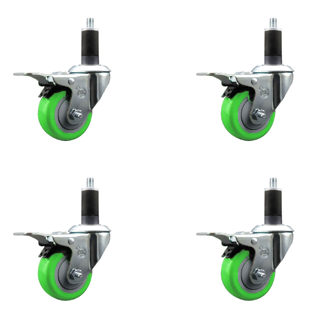 Stainless Steel Polyurethane Swivel Expanding Stem Caster Set of 4 with 3 Inch Green Wheels and 1-1/4" Stems-Includes 4 Swivel with Total Locking Brake-300lbs. Capacity Per Caster-Service Caster Brand — photo 1
