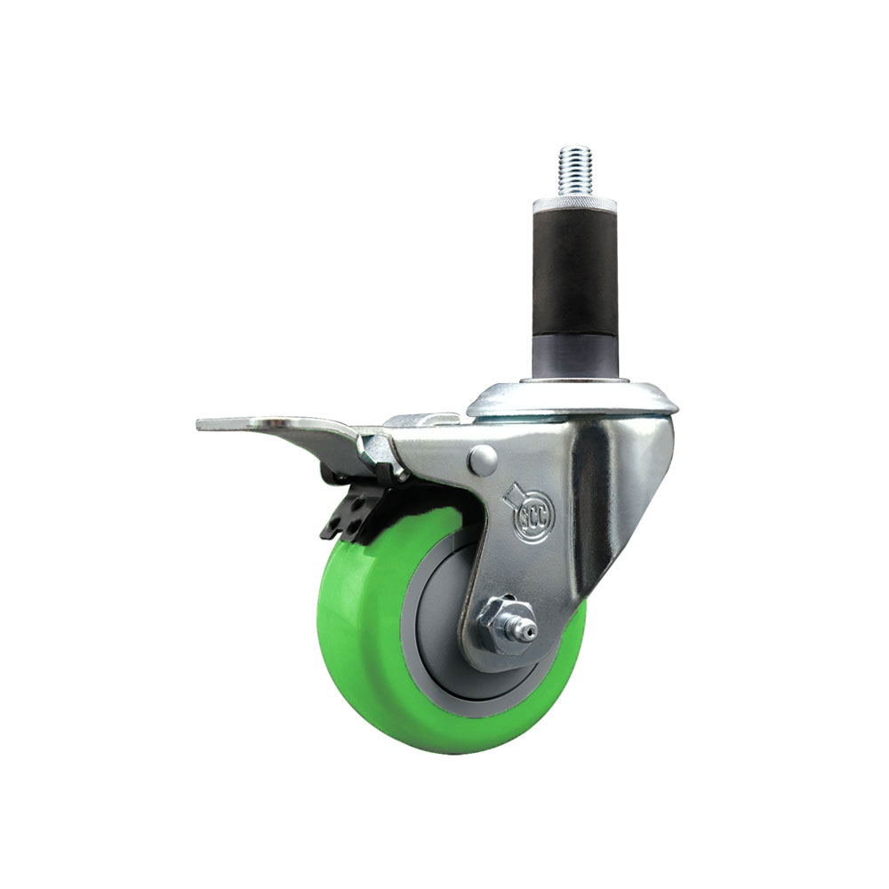 Stainless Steel Polyurethane Expanding Stem Swivel Caster with 3 Inch Green Wheel and 1-1/4" Stem & Total Locking Brake - 300 lbs. Capacity Per Caster - Service Caster Brand — photo 1
