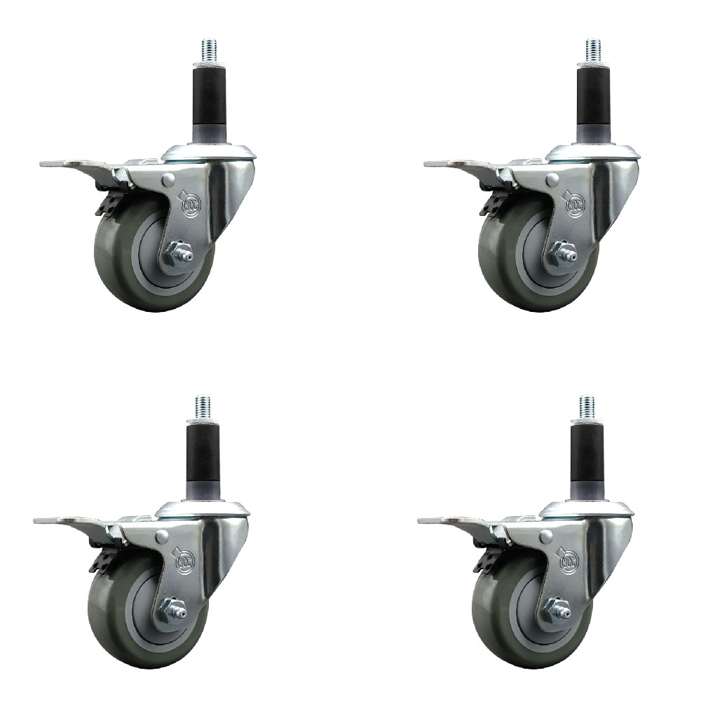 Stainless Steel Polyurethane Swivel Expanding Stem Caster Set of 4 with 3 Inch Gray Wheels and 1-1/8" Stems - 4 Swivel with Total Locking Brakes - 300 lbs. Capacity Per Caster - Service Caster Brand — photo 1
