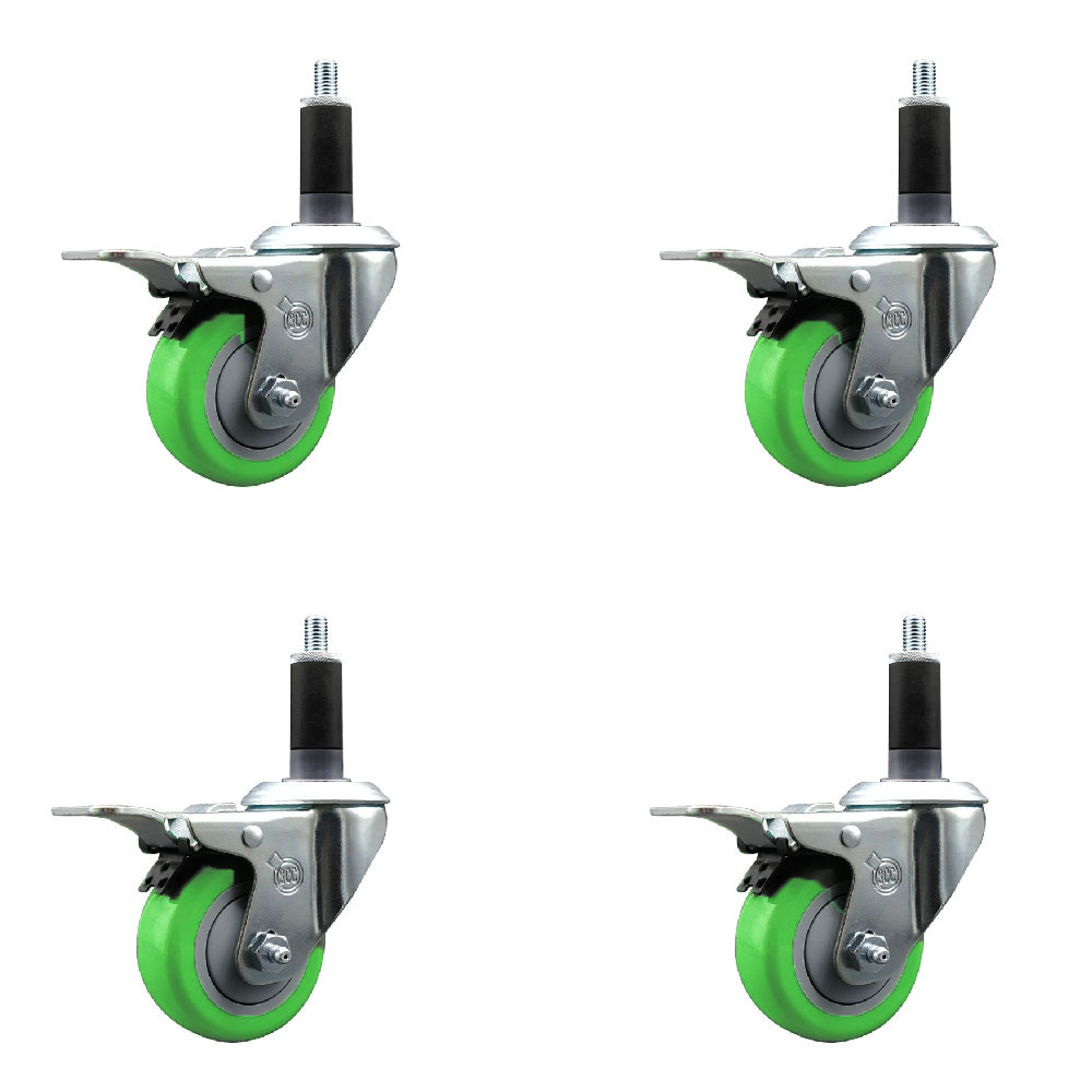 Stainless Steel Polyurethane Swivel Expanding Stem Caster Set of 4 with 3 Inch Green Wheels and 1-1/8" Stems-Includes 4 Swivel with Total Locking Brake-300lbs. Capacity Per Caster-Service Caster Brand — photo 1
