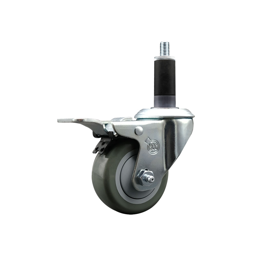 Stainless Steel Polyurethane Expanding Stem Swivel Caster with 3 Inch Gray Wheel and 1-1/8" Stem & Total Locking Brake - 300 lbs. Capacity Per Caster - Service Caster Brand — photo 1